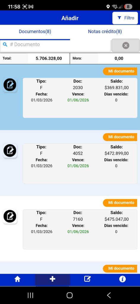 Lista de documentos pendientes del cliente con saldos