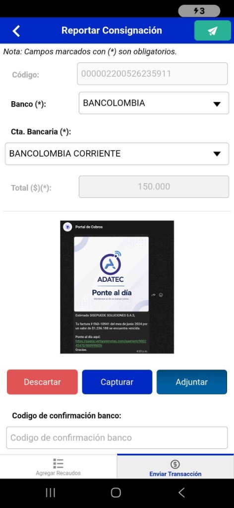 Reporte de consignación bancaria con soporte adjunto